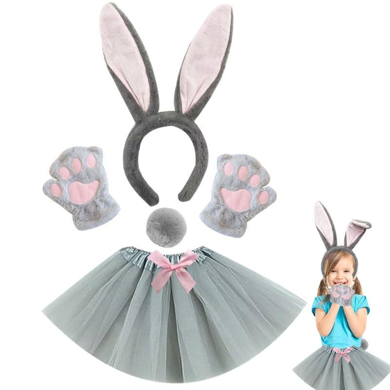 ZesGlyxyr Costume de Lapin pour Fille, Costume Lapin Ensembles, Carnaval Animal Déguisement avec Serre Tête, Tutu, Queue, Gants, pour Fête d'anniversaire, Carnaval, Cosplay-Gris