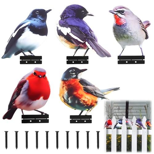 Lot de 5 Oiseaux Décoratifs d’Extérieur en Métal, Décoration de Jardin d’Extérieur Double Face, Oiseaux pour Clôture en Bois et Arbre, Metal Bird...