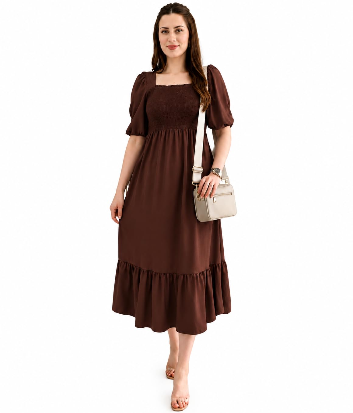 Women's Smocked Puff Sleeve Square Neck Ruffle Hem Maxi Dress Brown-image-25