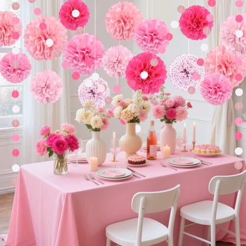 Image of Pink Party Decorations, Tissue Paper Pom Poms Circle Garland for Valentines Day Decorations Pink theme Birthday, Bridal Shower Baby Shower Wedding Romantic Decorations Engagement Party, 16PCS