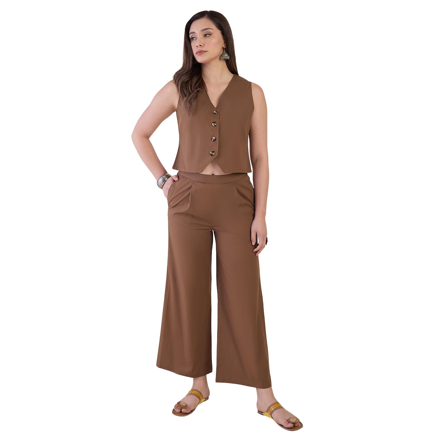 winered Women's Brown Solid Co-Ord Set, Sleeveless Vest Top with Wide Leg Pants, 100% Cotton, Adult-picture-10
