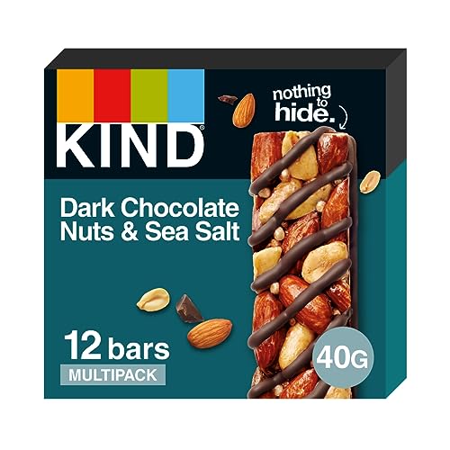 KIND Bars Gluten Free Snack Bars Dark Chocolate Nuts & Sea Salt High Fibre Healthy Snack No Artificial Colours Flavours or Preservatives Multipack 12 x 40g