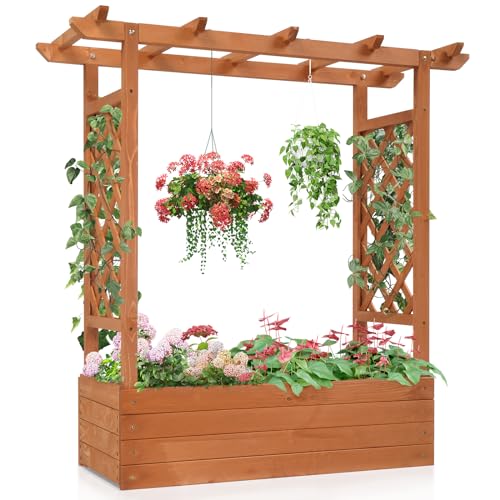 Outvita-Raised-Garden-Bed-with-Trellis-Wood-Planter-Box-with-Hanging-Roof-Side-Trellis-and-Drainage-Holes-Above-Ground-Elevated-Garden-Bed-for-Outdoor-Climbing-Plants-Vegetables-Flowers-Herbs Outvita Raised Garden Bed with Trellis Wood Planter Box with Hanging Roof Side Trellis and Drainage Holes Above Ground Elevated Garden Bed for Outdoor Climbing Plants Vegetables Flowers Herbs