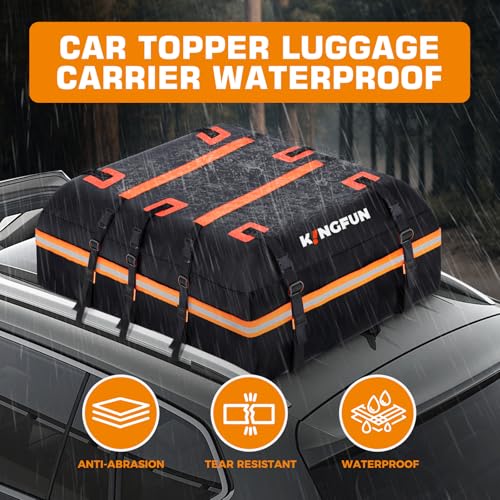 Kingfun Rooftop Cargo Carrier - Waterproof 20 Cubic Feet Car Roof Bag for All Vechicles with/Without Racks, Includes Anti-Slip Mat, 8 Reinforced Straps, 6 Door Hooks, Luggage Lock