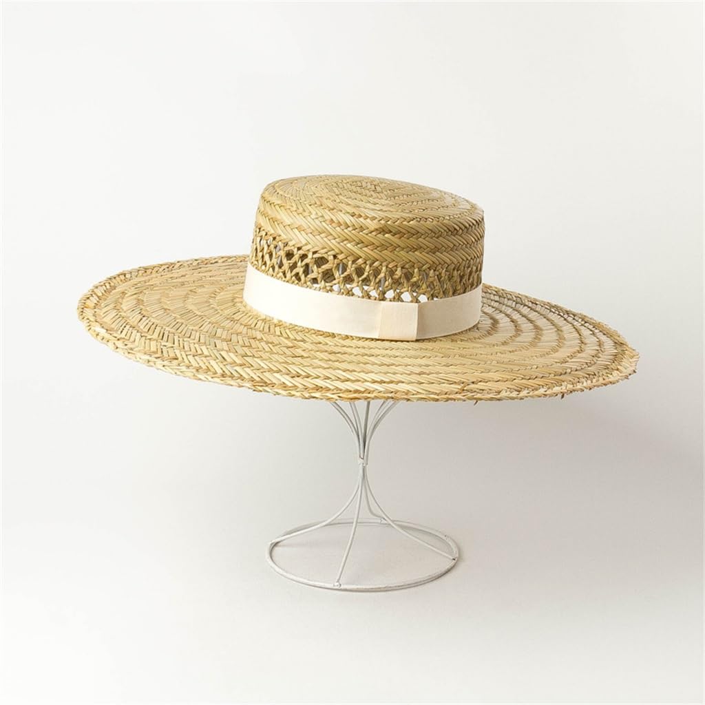 Cappello a Cilindro Piatto di alghe Intrecciate a Mano Decorazione a Nastro Grande grondaia Cappello di Paglia a Punta Piatta di alghe Cappello di Paglia Parasole