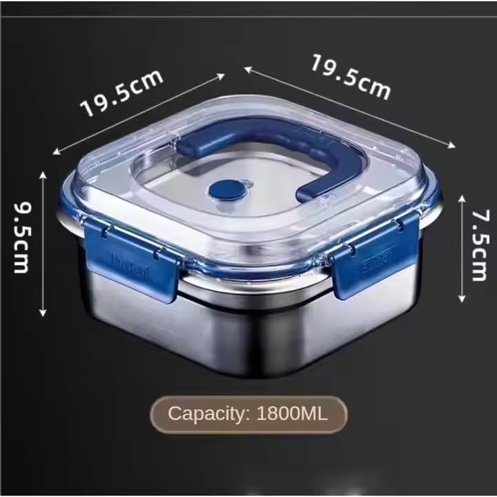 Image of Stainless Steel Food Storage Container, 1800ml, Airtight Stackable Container with Transparent Lid, Kitchen Storage Box with Handle (PACK OF 1)