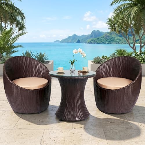 Image of OUTLIVING Outdoor Two Seater Rattan & Wicker Conversation Mudda Set | UV & Water Resistant Patio & Garden Furniture Set with 2 Cushioned Chairs & Glass Top Center Table | Brown