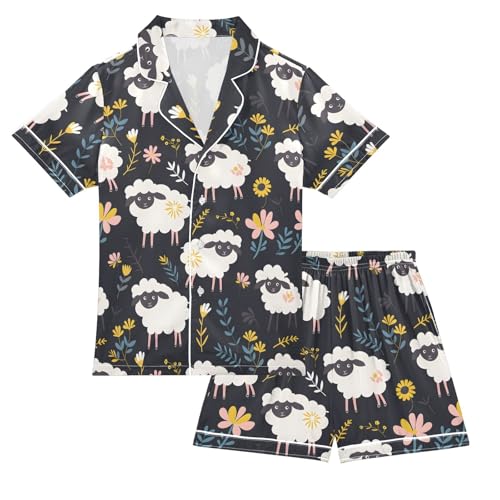 ALAZA Sheep Blossom Flower Leaf Satin Pajamas Set Short Sleeve Button Down Sleepwear Summer Pjs 2 Piece
