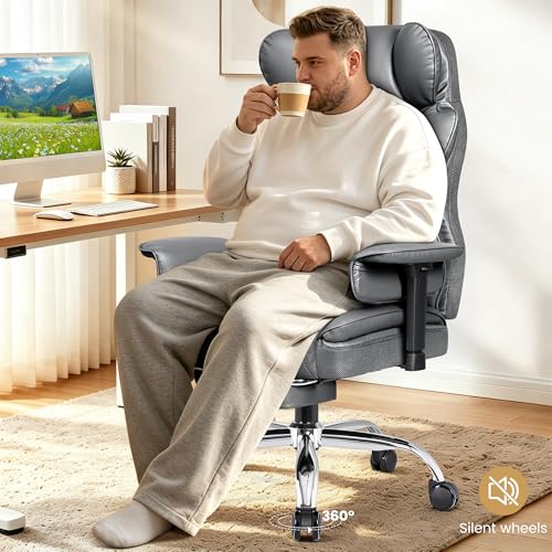 Image of Office Chair 400 LBS, Heavy Duty High Back Executive Desk Chair | 23.6 inch Extra-Wide Seat with Footrest for Big & Tall Users, Ergonomic Lumbar Support, 165 Recline, Padded Arms, Gray, 2 Pack
