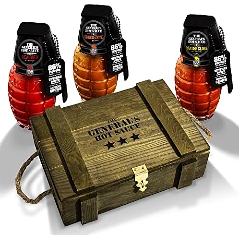 The General's Hot Sauce 3-Star Ammo Crate. Three 6 oz Bottles of Gourmet Hot Sauce Made With American-Grown Cayenne and Habanero Peppers. Dead Red| Danger Close| Shock & Awe… Cover