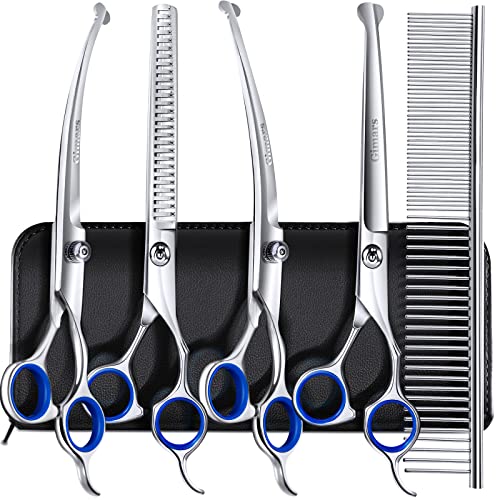 Image of Gimars 7.0in Professional 4CR Stainless Steel Safety Round Tip 6 in 1 Dog Grooming Scissors Heavy Duty Titanium Coated Pet Grooming Scissor for Dogs, Cats and Other Animals