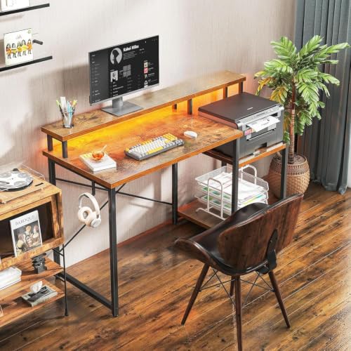 Image of Gaming Desk with Monitor Stand & Storage Shelves | Study & Computer Desk with Headphone Hook | Reversible Office for PC Setup | Rustic Brown | 120 x 60 x 87 cm