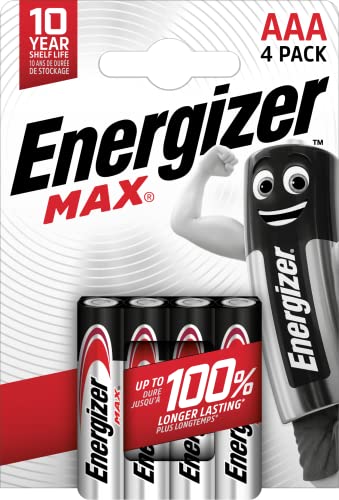 Energizer - MAX, Pack de 4 pilas AAA, larga duración para uso cotidiano, sin sulfatación y 10 años vida útil