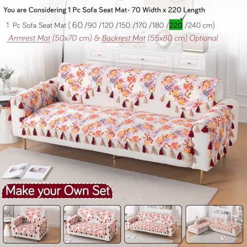 Image of HOKIPO Sofa Cover Mat with Tassel for 1 /2 /3 Seater & L Shape Sofa | DIY Sofa Cover Set | Digital Printed Holland Velvet | 'Whispers of Nature' | 70(W) x 220(L) cm | Vintage Rose Bloom (IN-1123-D12)
