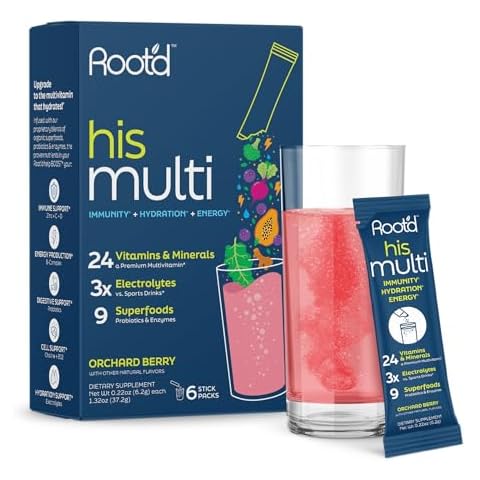 Root'd Multivitamin Powder for Men - 24 Vitamins & Minerals with 3X Electrolytes, 9 Organic Superfoods, Probiotics & Enzymes, Sugar-Free Multivitamin & Hydration | 6 Vitamin Drink Mix Packets Cover