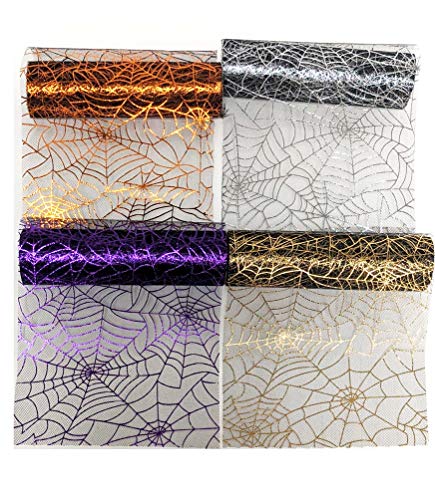 Halloween Ribbon Shiny Spider Web Craft Mesh Roll for Wreath Making Gifts in Purple Silver Orange Gold 4 Pack Variety Bundle