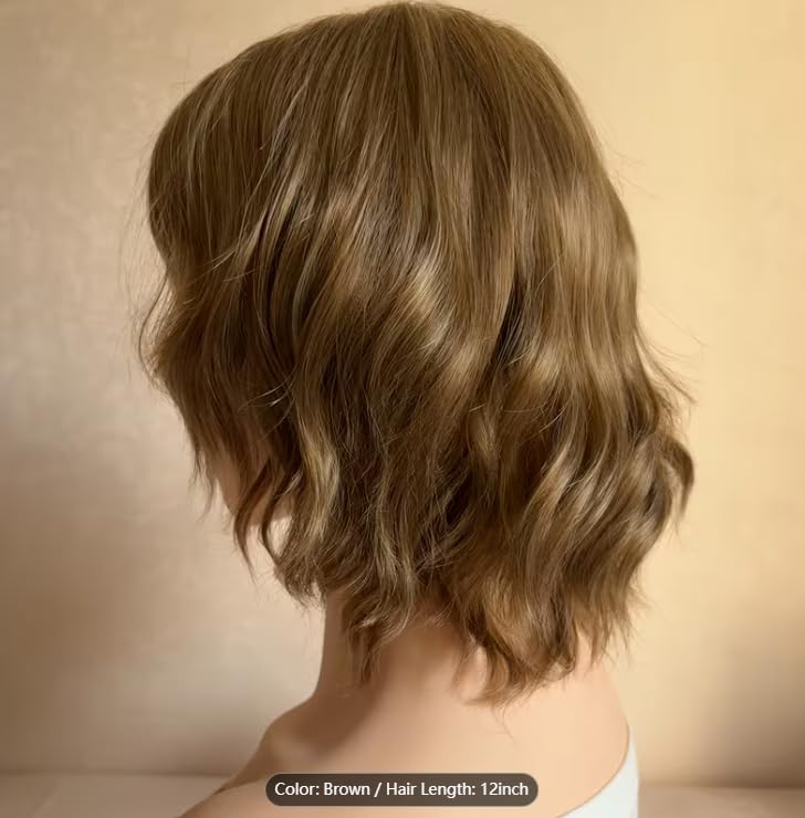 Image of Brown Heat-Resistant Wavy Wig with Bangs Women's Shoulder-Length Synthetic Hairpiece for Daily Use and Halloween (Brown)