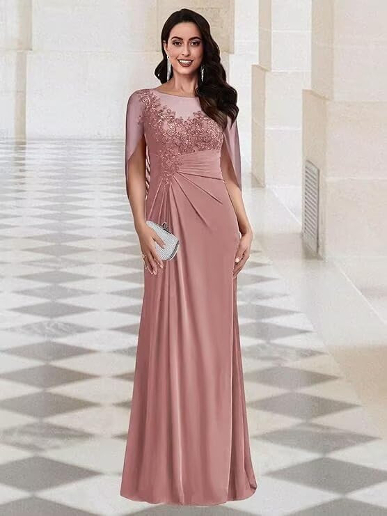 PAVERJER Lace Appliques Mother of The Bride Dresses for Women with Cape Sleeves Chiffon Mermaid Ruched Formal Gowns3