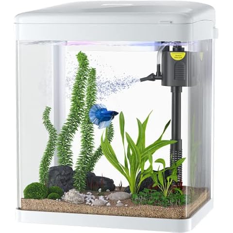 PONDON Betta Fish Tank, 2 Gallon Glass Aquarium, 3 in 1 Fish Tank with Filter and Light, Desktop Small Fish Tank for Betta Fish, Shrimp, Goldfish (White) Cover