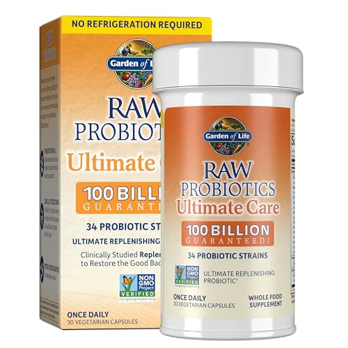 Garden of Life Raw Probiotics for Women and Men with Digestive Enzymes, 100 Billion CFU, Clinically Studied Strains, Shelf Stable, 30 Capsules