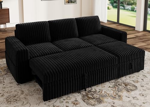 Image of HONBAY Modular Sectional Sofa with Pull Out Bed,Corduroy L Shaped Sleeper Sofa with Storage, Sectional Couches for Living Room,Black