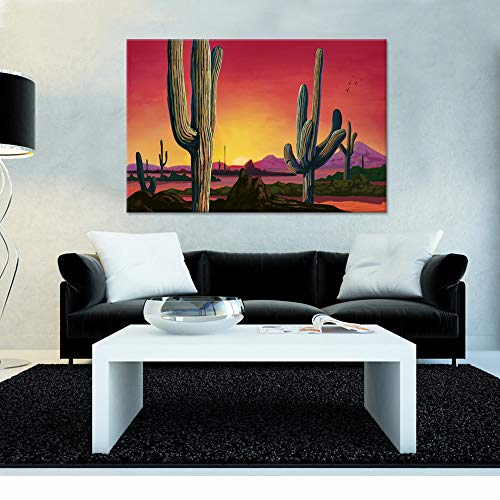 Ihappywall Large Saguaros Landscape Canvas Wall Art Sunset Arizona Cactus Orange Background Sonoran Desert Picture Gallery Wrapped Canvas Art For Home Bedroom Decoration Ready To Hang 24X36Inch #TOP1