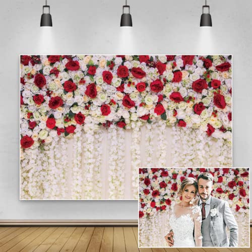 Renaiss 2.2x1.5m Roses Mur Photographie Toile de Fond Rouge Fleurs Blanches Fond pour Anniversaire De Mariage Douche Nuptiale Décorations De Fête d'anniversaire Dessert Table Bannière Studio Props