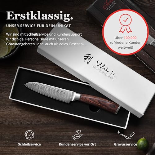 Foto von Wakoli EDIB Santoku Messer aus echtem Damaststahl (VG10 Kern) mit 12,5 cm Klinge – Scharf und handlich – Santoku Damastmesser mit Pakkaholzgriff in Geschenkbox – Küchenmesser klein für Gemüse & Obst