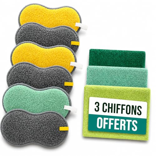 Eponge reutilisable Lavable 6 pcs + 3 Chiffon Microfibre Cadeau ! Vitre Voiture Entretien de la Maison Eponges/lavettes reutilisables lavables pour Vaisselle Éponge réutilisable éponges Zero dechet