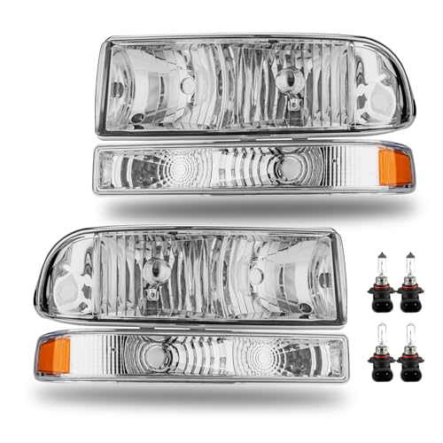 MerveilLuz Headlights Assembly w/Bulbs for 1998-2004 Chevy S10 Pickup and 1998-2005 Chevy Blazer 4PCS Headlamps w/Corner Bumper Turn Signal Lights Chrome Housing & Amber Reflector (Left & Right)