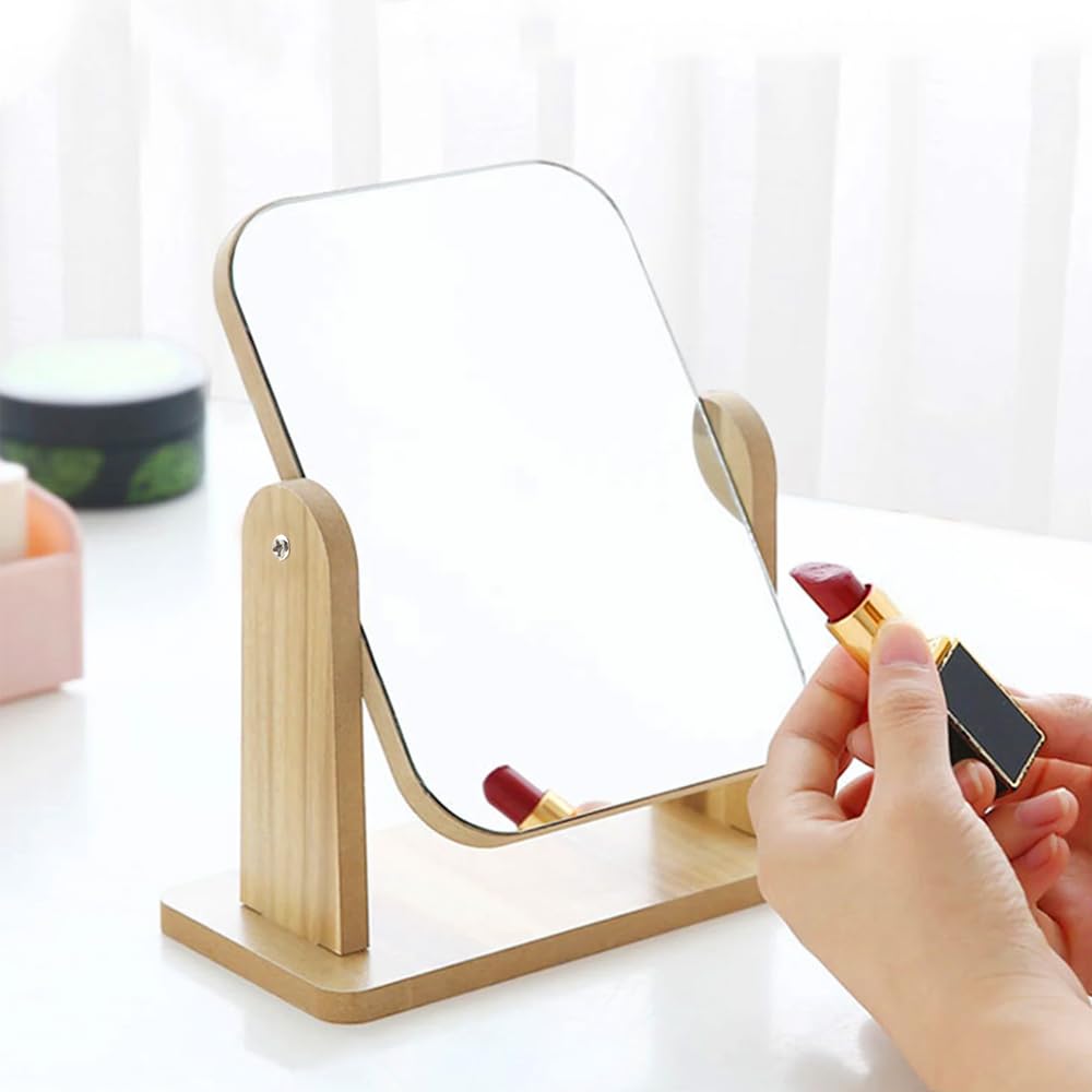 Miroir De Maquillage Pivotant 360° - Cadre Bois 22x17 Cm - Haute Définition - Pour Coiffeuse, Bureau Ou Salle De Bain