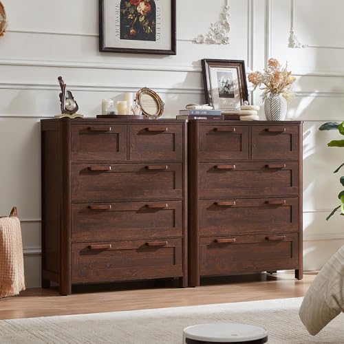 Image of Joaxswe Farmhouse 5 Drawer Dressers for Bedroom, Walnut | Vertical Dressers Chest of Drawers with 5 Drawers & 4 Noise-Reducing Feet & Rounded Corners