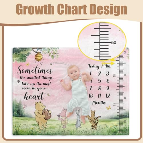 Image of Winnie Quotes Milestone Blanket for Baby, Pink Baby Blanket Growth Chart, Newborn Photography Background Decor, with 8pcs Double-sided Printed Holiday Cardstock 30*40in, Christmas Decor Photo Gift