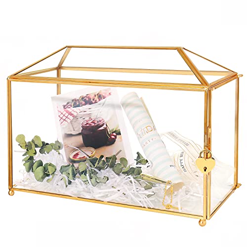 Homevec 12.6" Premium Large Gold Glass Wedding Card Box With Lock For Reception, Graduation Or Birthday Party - Handmade Decorative Box With Lid And Slot For Envelopes And Gifts - Keepsake Box #TOP29