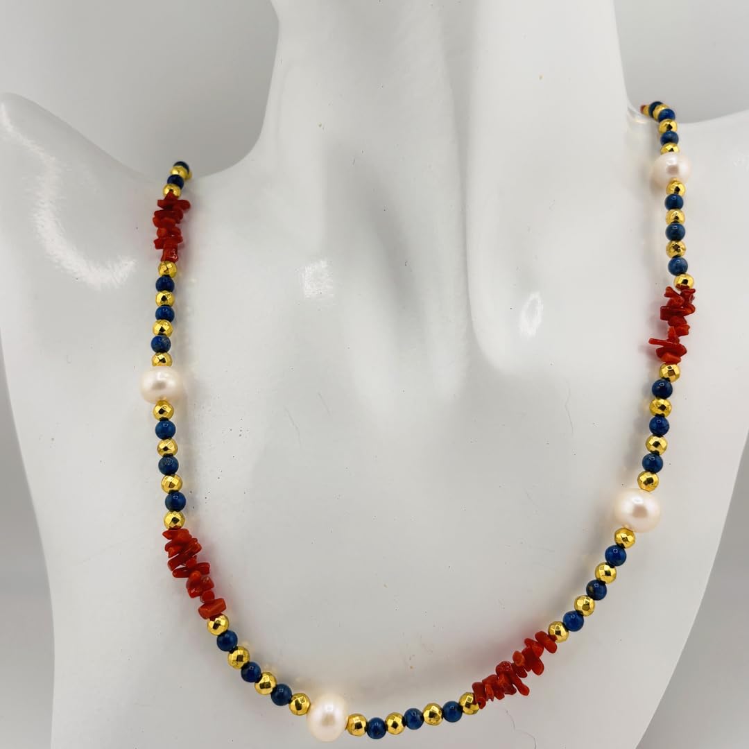Generico Collana lunga sfere in giada blu cupolini in corallo rosso naturale del Mediterraneo ematite e perla naturali di acqua dolce gioiello artigianale da donna ragazza