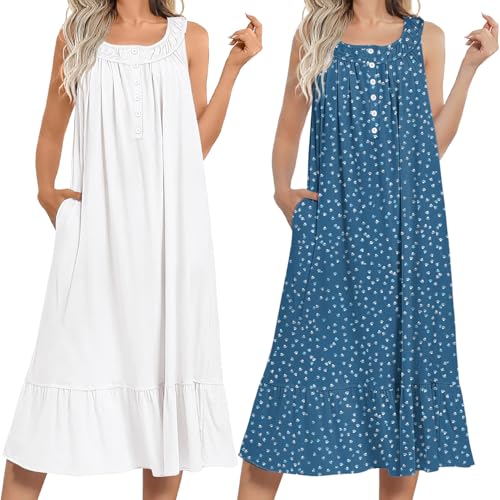 Image of Ekouaer 2 Pack Nightgowns for Women Sleeveless Long Night Gowns Victorian Nightdress with Pockets Soft Ladies Gown