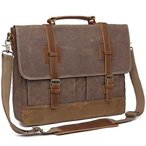 Bosidu Messenger Bag for Men 15.6inch Waterproof Waxed Canvas Genuine Leather Briefcase Computer Laptop Messenger Bag Large Satchel Shoulder Bag Brown
