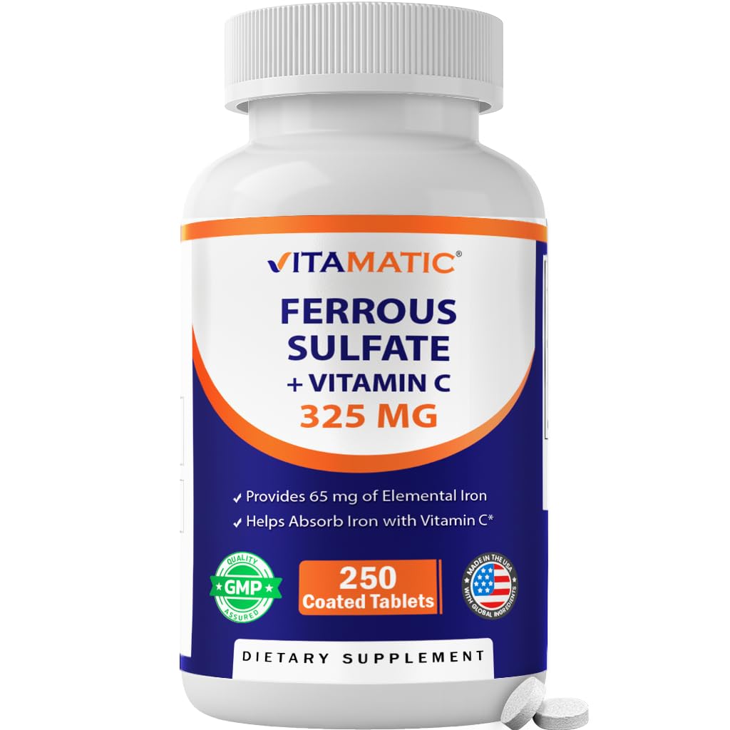 Vitamatic Ferrous Sulfat 325 mg mit Vitamin C 100 mg (65 mg Elemental Iron) – High Potency Iron Supplement – keine künstlichen Farben – 250 beschichtete Tabletten, Made in USA