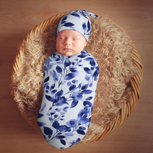 Image of Watercolor Navy Blue Leaf Swaddle Blanket with Beanie Hat Set Newborn Swaddle Wrap Soft Baby Receiving Blankets Baby Swaddle Blanket for Baby Boys and Girls