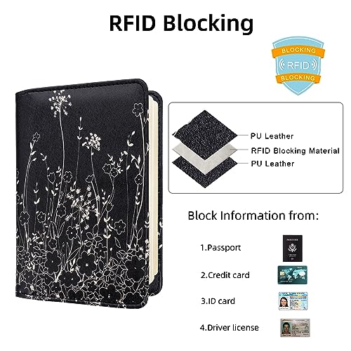 Image of WALNEW Passport Holder for Travel, RFID Passport Cover Wallet for Women Men, PU Leather Passport Book Card Holder Case with Pen (Elastic Band Closure, D-Black Flowers)
