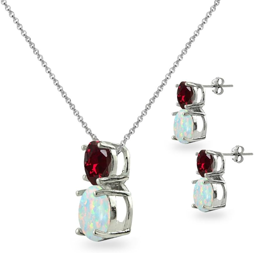 B. BRILLIANT Opal Necklace and Earrings Jewelry Set for Women or Bridesmaids, Genuine, Simulated or Created Gem & Opal Double Round Stones, .925 Sterling Silver Sets With Gift Box