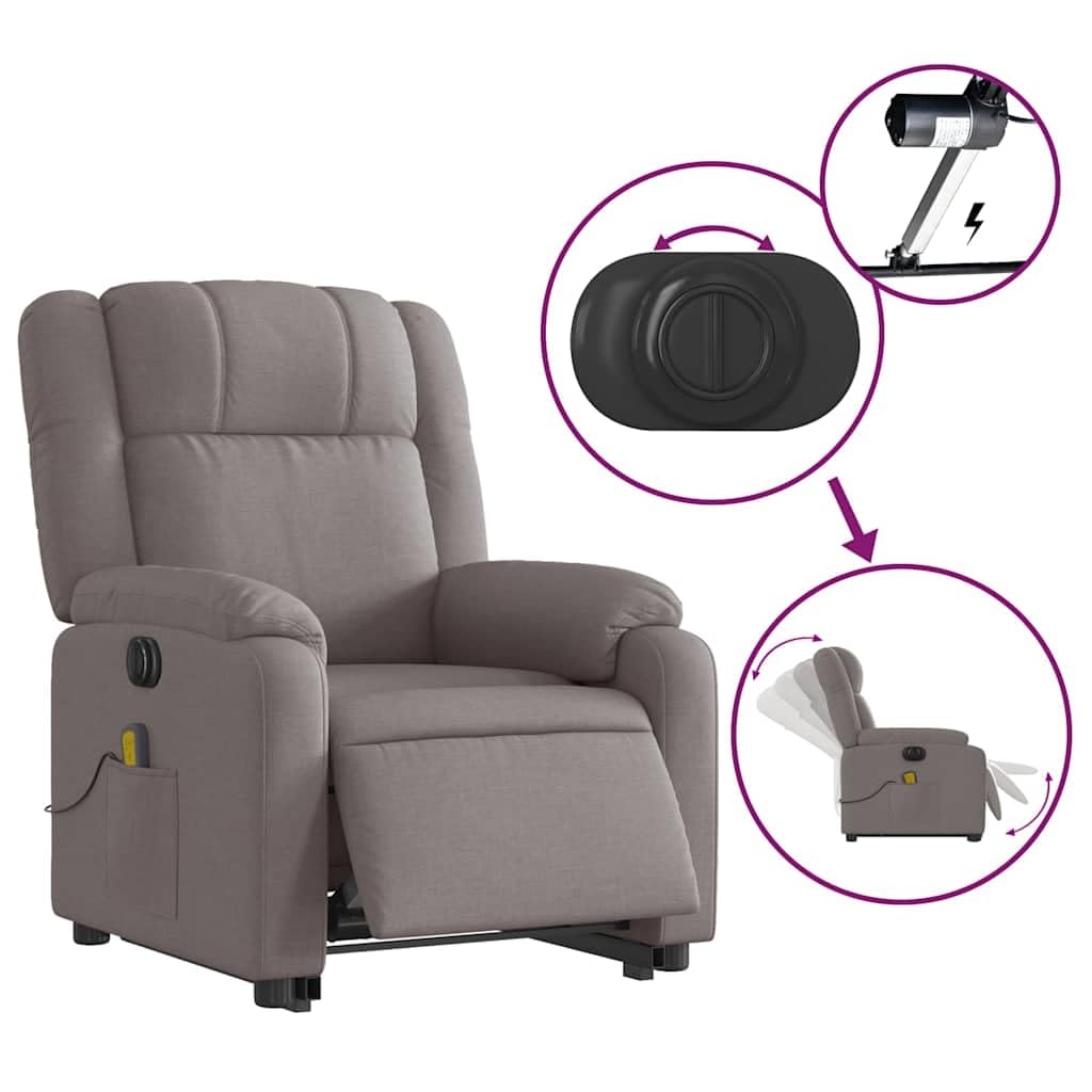 Sillón elevador eléctrico reclinable de tela gris con 6 puntos de vibración y función de elevación, cómodo con marco estable y control automático