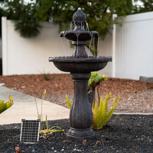 Image of XBrand 44 inch H Dark Brown Fiberglass /Resin 2-Tier Solar Water Fountain w /Solar Panel and Auto-Shut Off Pump, Solar Garden Fountain, Tall Outdoor Fountain, Two Tiered Birdbath Fountain