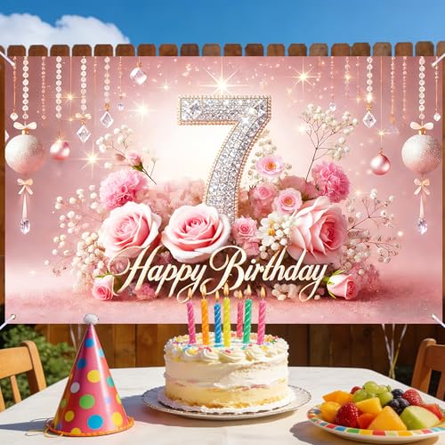 Image of Nuxovilar 7th Birthday Banner - Elegant Pink & Gold Floral Backdrop