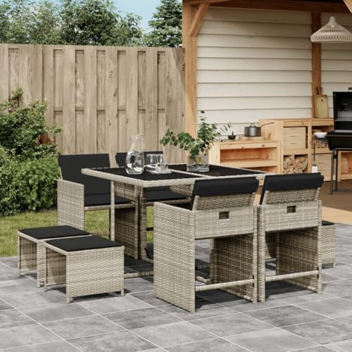 Xichuzi Set Comedor de jardín 9 pzas Cojines ratán sintético Gris Claro, Conjunto Mesa Y Sillas Jardin, Mesa Terraza Exterior Y Sillas, Conjunto Terraza, Muebles Jardin Exterior - 3277906