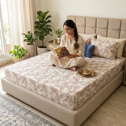Image of Mafatlal 186 TC Grace Cotton Bedsheet for Double Bed | Pure Cotton Fabric | 90 x 100 Inches | Soft, Durable & Comfortable | Includes 2 Pillow Covers
