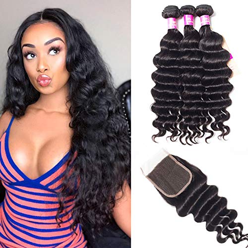 Ugrace Hair Loose Deep Wave Bundles with Closure Human Hair Loose Deep Curly with Closure Brazilian Virgin Hair with Closure 4x4 Inch Natural Color Can Be Dyed and Bleached (22 24 26 with 20 Closure)