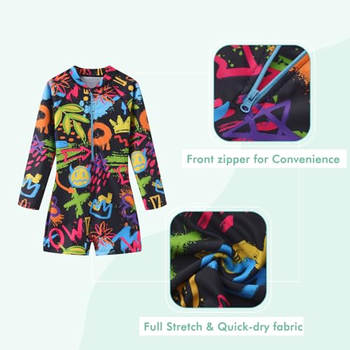 Image of Girls One Piece Swimsuits for Girls Long Sleeve Bathing Suit Sun Protection Rash Guard with Front Zipper 3-16 Years