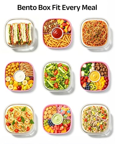 Image of Glass Salad Container,56oz Salad Bowl To Go for Lunch with Airtight Lid,Leak-Proof Sauce Container,4-Compartment Bento Tray & Reusable Fork - BPA-Free Glass Lunch Box for Meal Prep,Office（Pink）