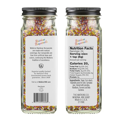Image of Watkins Gourmet Decorating Sprinkles, Rainbow Nonpareils, Jar, 1 Count, 4.2 Ounce (Pack of 12)